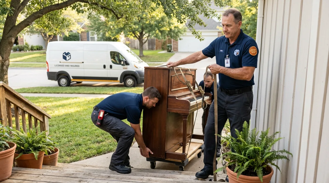Licensed piano movers securing grand piano in Brockton, MA