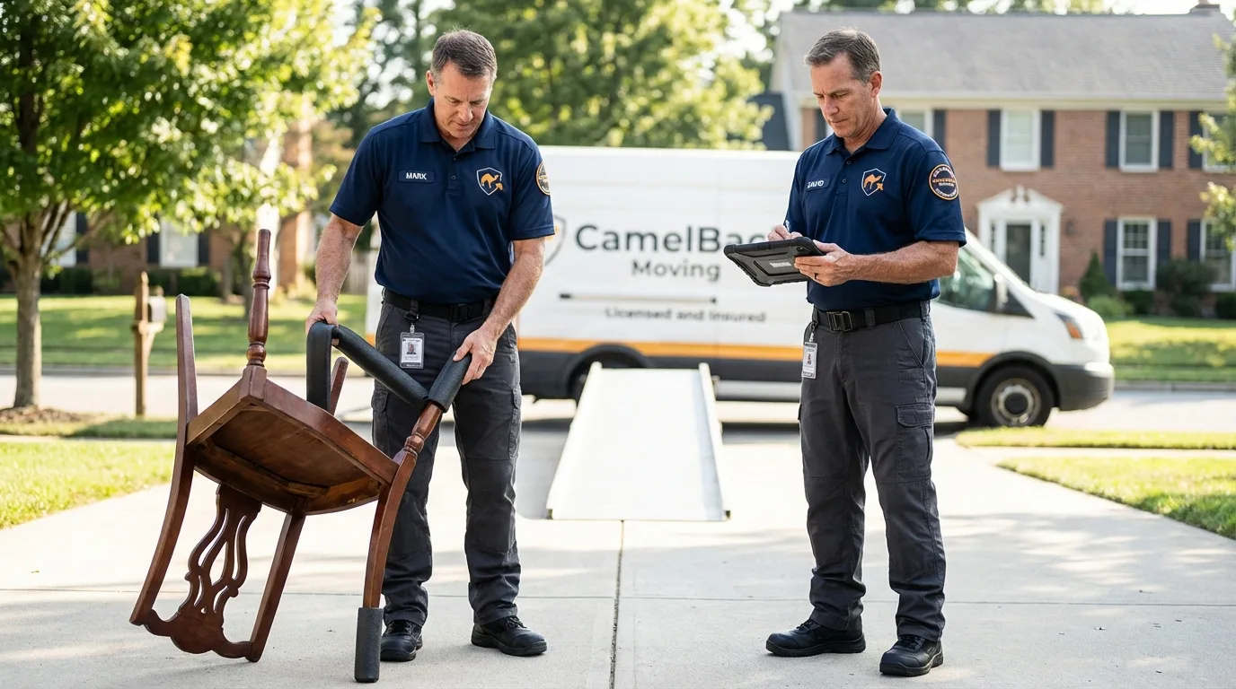 Movers inspecting furniture for damage prevention before loading in Brockton, MA