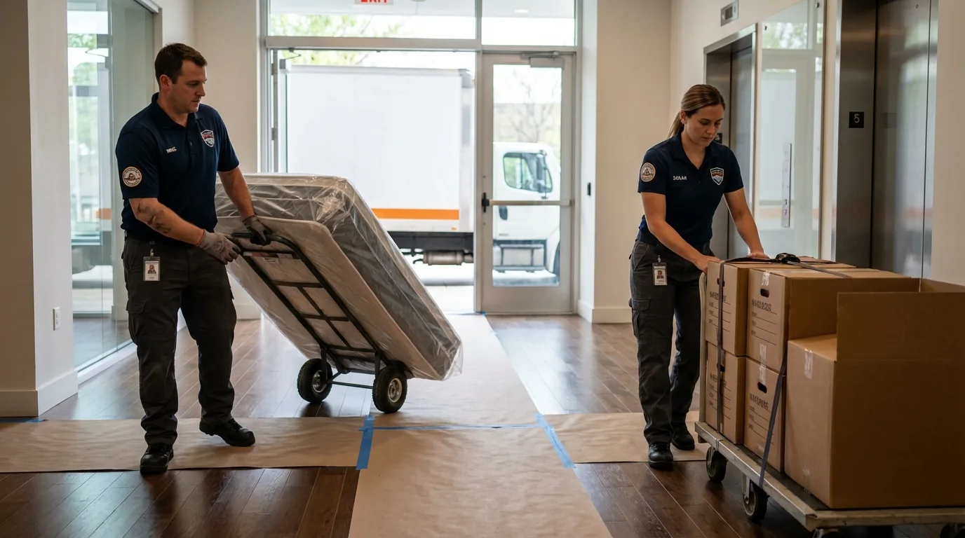 Professional apartment movers loading elevator in Brockton, MA