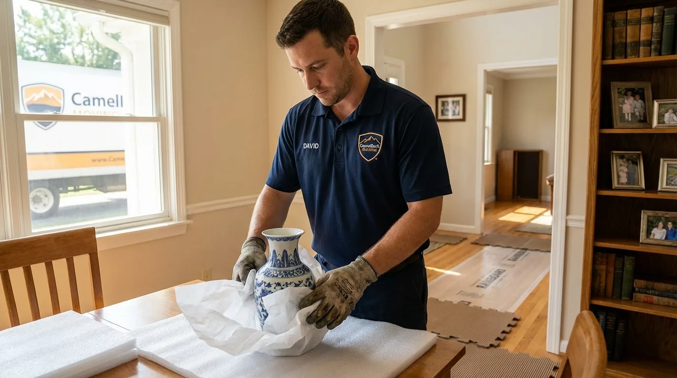 Professional crew carefully wrapping antique vase for senior downsizing move in Brockton, MA